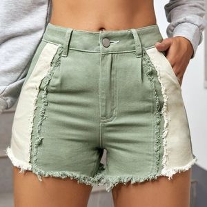 Colourblock Raw Hem Denim Shorts